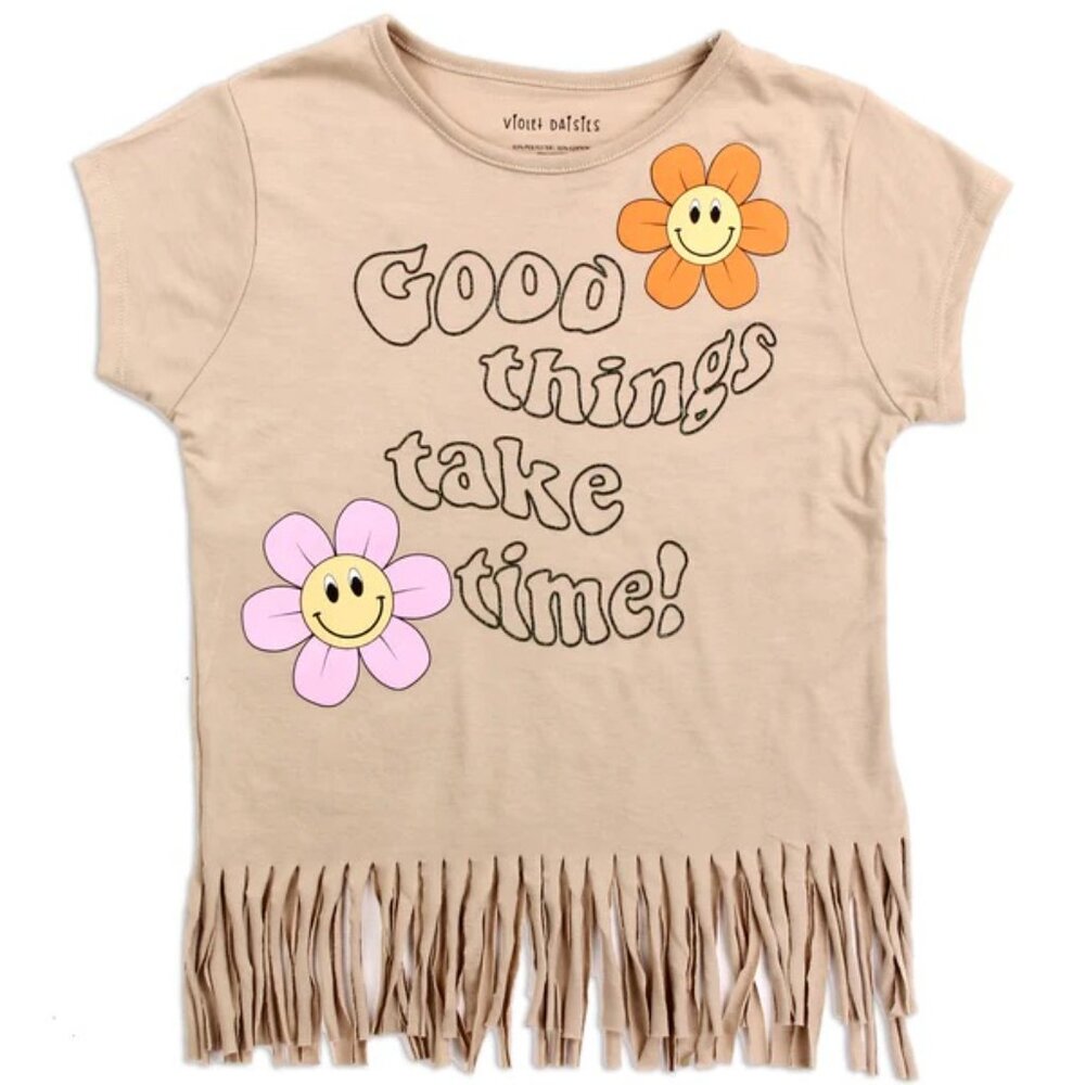 "Good Things Take Time" Violet Daisies Girl Fringe Top  S, M, L